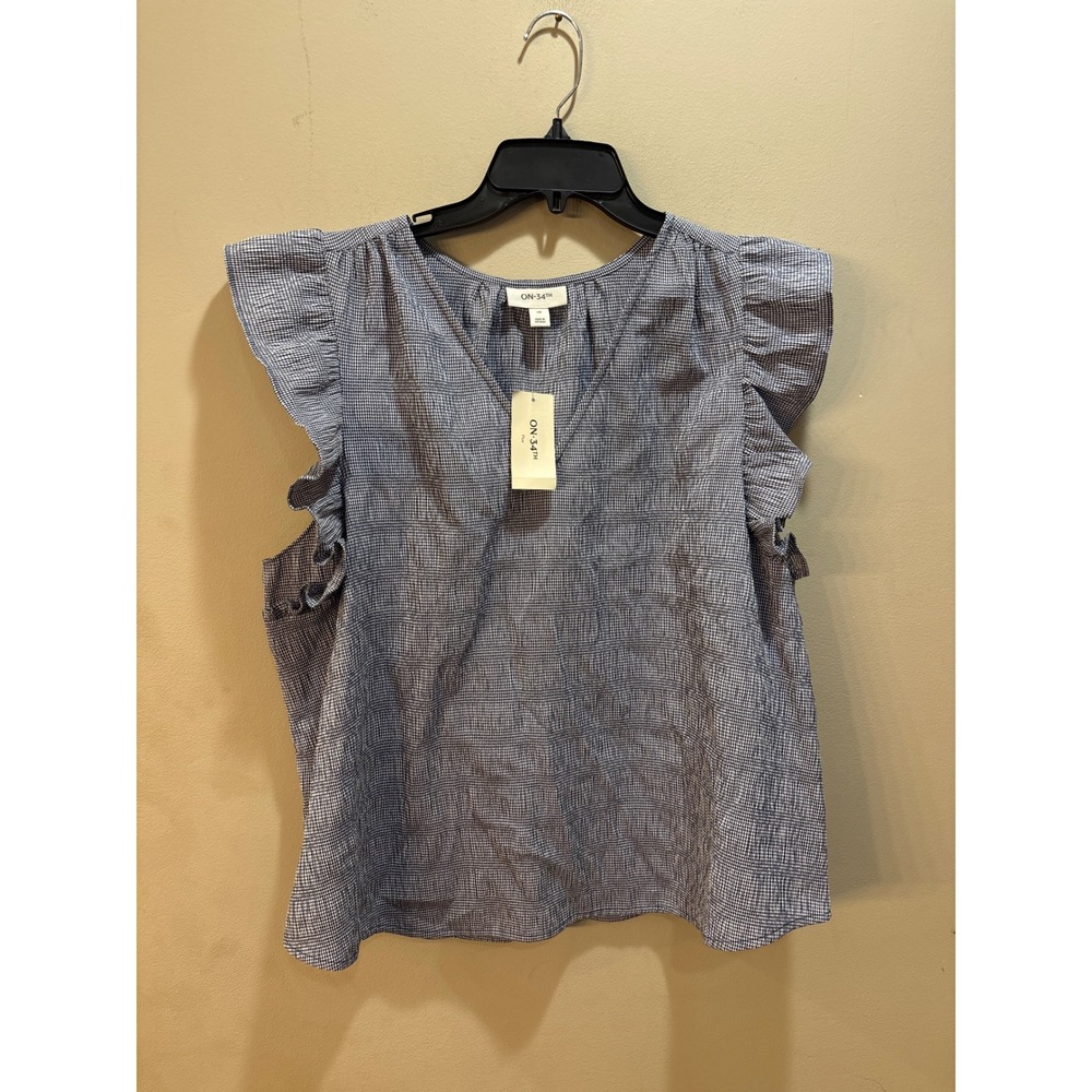 NWT ON-34th Navy White Gingham Ruffle V-Neck Blouse Plus Size 2X Casual Summer